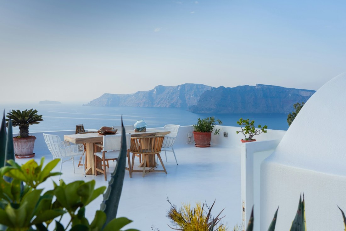 Whitewashed terrace overlooking the Santorini caldera